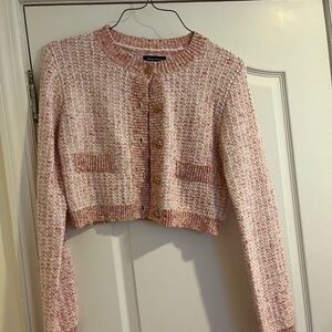 Cropped Pink Knit tweed Cardigan Sweater
